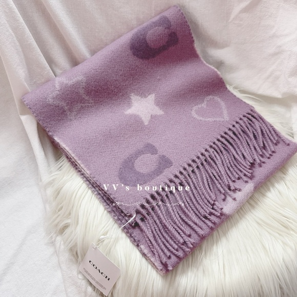 NWT Coach Stars And Hearts Print Muffler Wool Scarf Jasmine Purple CU810 RARE - Picture 1 of 4